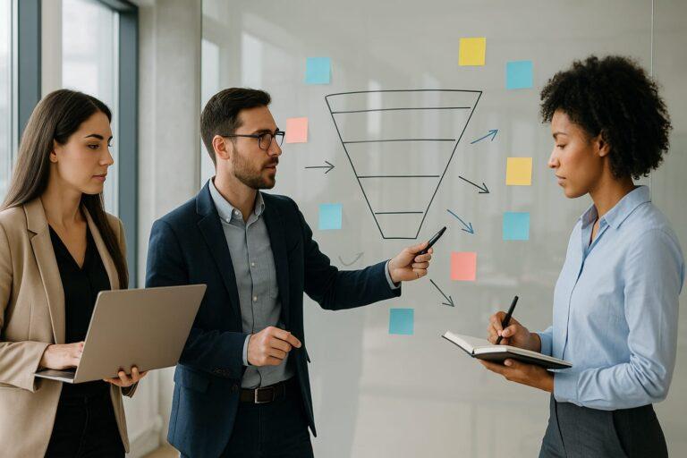 Equipo B2B definiendo marketing digital para empresas de servicios B2B frente a un embudo de captación en oficina moderna