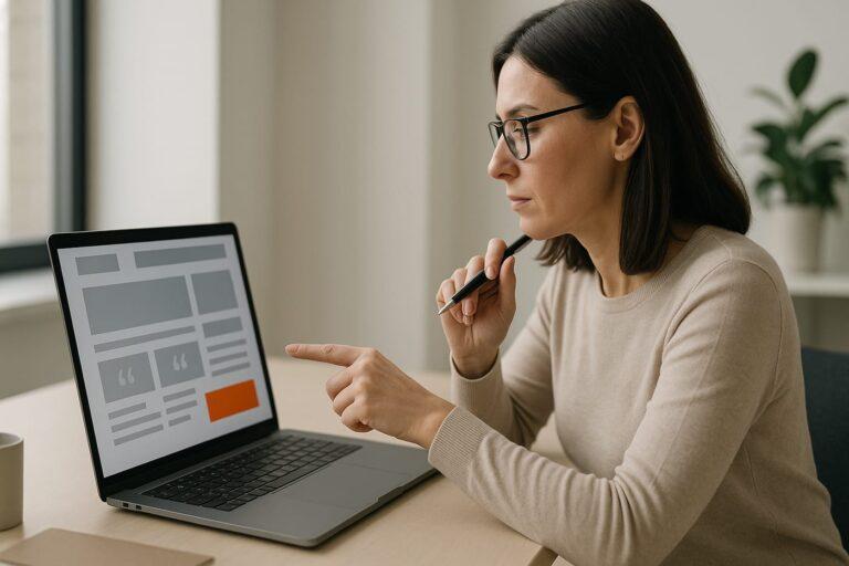 Profesional analizando en portátil la estructura SEO para páginas de servicios de pymes en una oficina luminosa