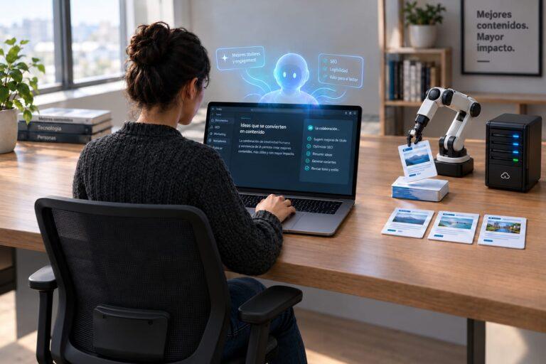 Profesional de espaldas ante su ordenador comparando tipos de automatización de blogs con IA en un entorno de trabajo